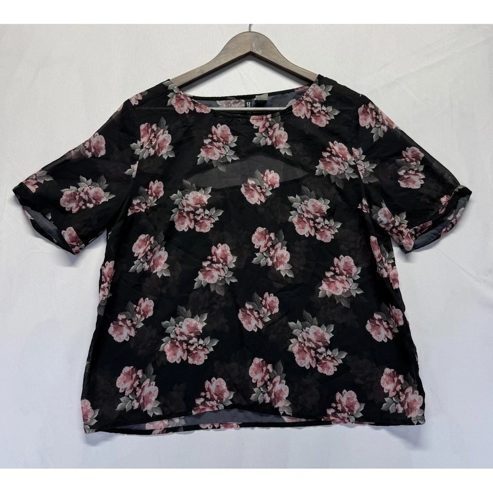 H&M Divided Blouse Top Size 12‎ Womens Black Pink Floral Print Sheer Mesh Cutout
